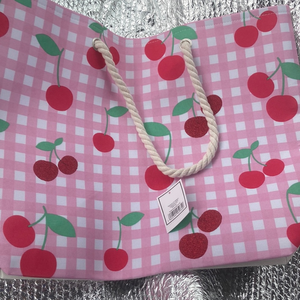 💜 NWT x- Large canvas pink Buffalo check cherries rope tote beach bag Barbie